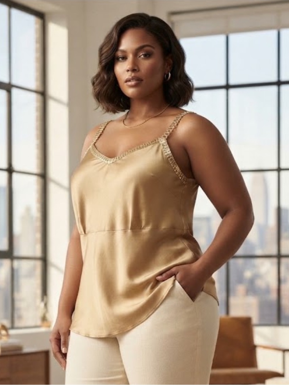 ECI New York Gold Silk Camisole Sequin Trim V-Neck Tank Top Size 1X